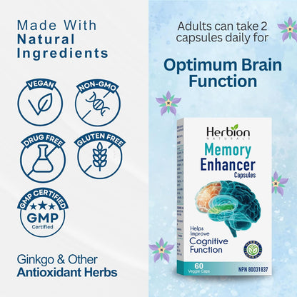 Herbion Naturals Memory Enhancer helps Improve Cognitive Function with Ginkgo biloba, Emblic, Coriander, Thyme, Lavender & Licorice extracts for adults. 60 Veggie Caps