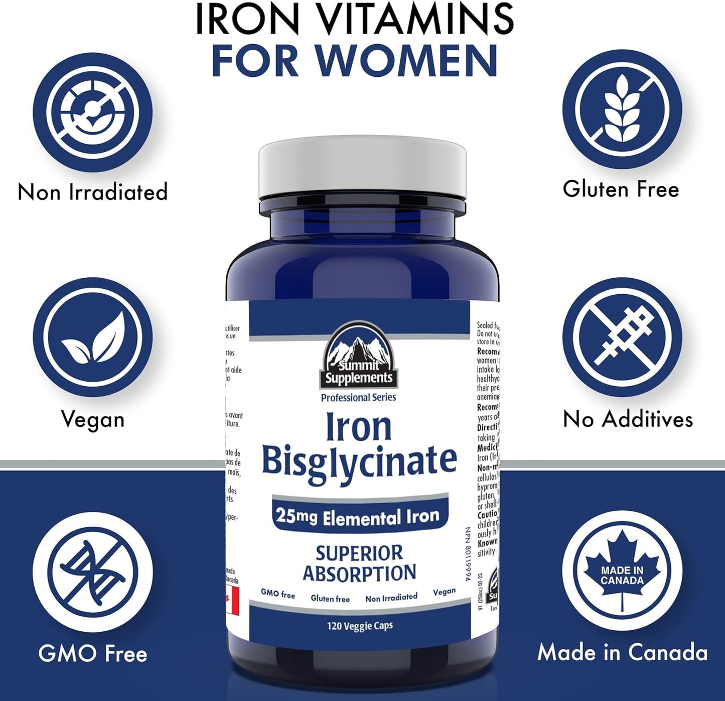 加拿大製造，抗塑膠污染 - 甘氨酸鐵補充劑，120粒素食膠囊，120天用量 - 25毫克元素鐵缺乏症補充劑 - 經第三方測試 - 加拿大配方和製造