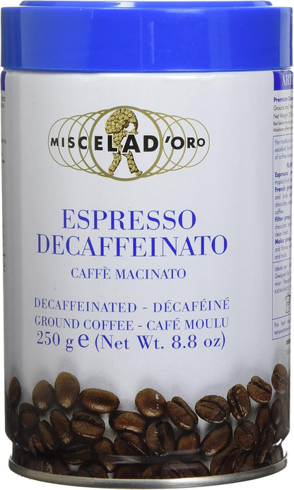 Miscela D-Oro 脱咖啡因研磨咖啡，适用于制作浓郁正宗的意大利浓缩咖啡，250克