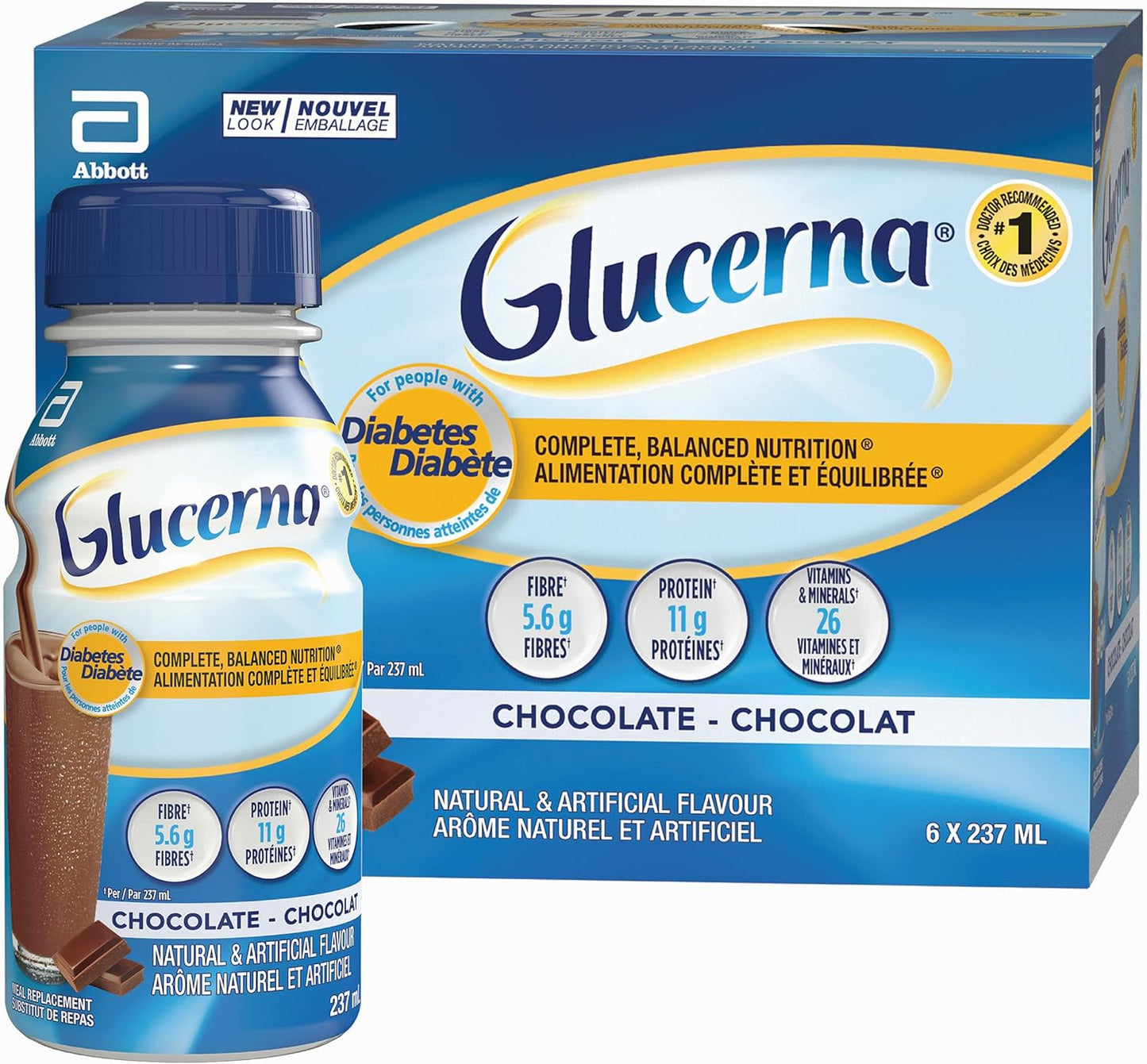 Glucerna Nutritional Drink, Meal Replacement Shakes, Complete, Balanced Nutrition For People With Diabetes, Chocolate, 6 x 237-mL Bottles