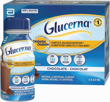 Glucerna Nutritional Drink, Meal Replacement Shakes, Complete, Balanced Nutrition For People With Diabetes, Chocolate, 6 x 237-mL Bottles