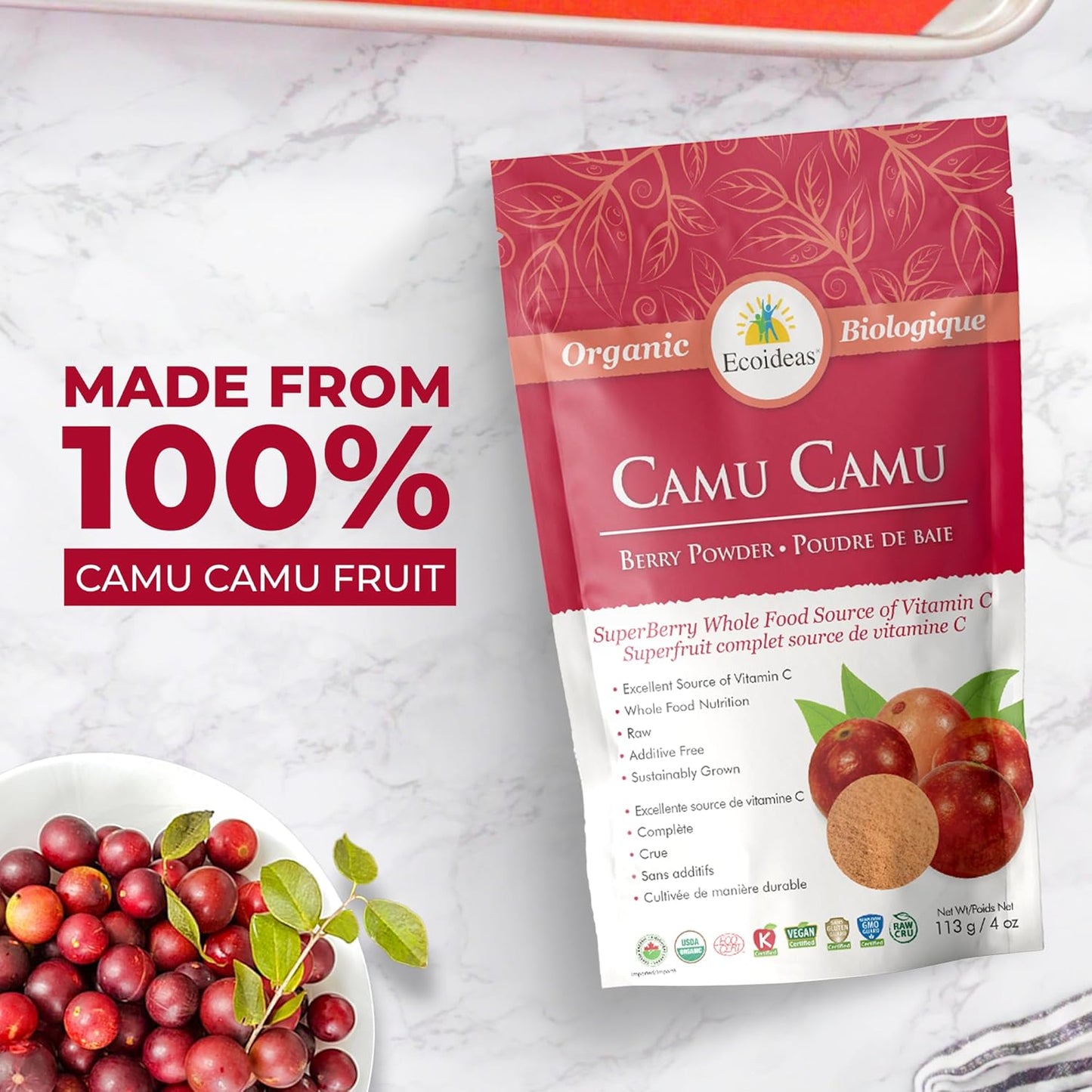 Ecoideas Organic Raw Camu Camu Berry Powder, 113g
