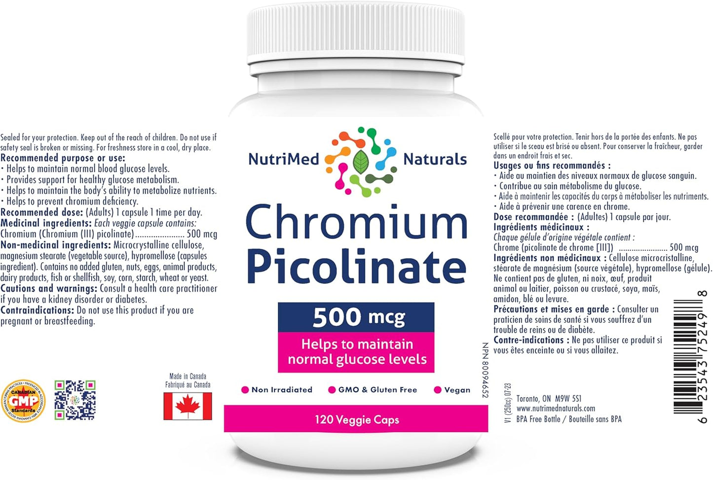 Nutrimed Naturals - 吡啶甲酸鉻 500mcg，120 粒膠囊，120 天用量 - 葡萄糖和血糖支持 - 肌肉質量和新陳代謝支持 - 經第三方測試 - 加拿大配製和製造
