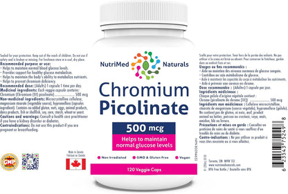 Nutrimed Naturals - 吡啶甲酸鉻 500mcg，120 粒膠囊，120 天用量 - 葡萄糖和血糖支持 - 肌肉質量和新陳代謝支持 - 經第三方測試 - 加拿大配製和製造