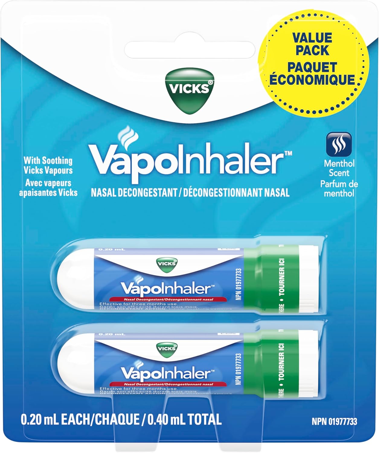 Vicks Vapoinhaler 鼻减充血剂，含舒缓蒸汽，可暂时缓解感冒引起的鼻塞，薄荷醇香味，2 包，每包 0.20 毫升