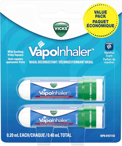 Vicks Vapoinhaler 鼻减充血剂，含舒缓蒸汽，可暂时缓解感冒引起的鼻塞，薄荷醇香味，2 包，每包 0.20 毫升