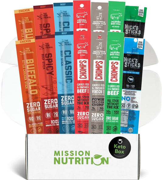 Chomp Beef Sticks, Nicks Jerky Stick, The New Primal Beef Sticks – Paleo, Keto, Gluten Free, Low Carb, High Protein, Pantry Snacks, Sugar Free, Grass-fed - Variety Keto Box (14 sticks)