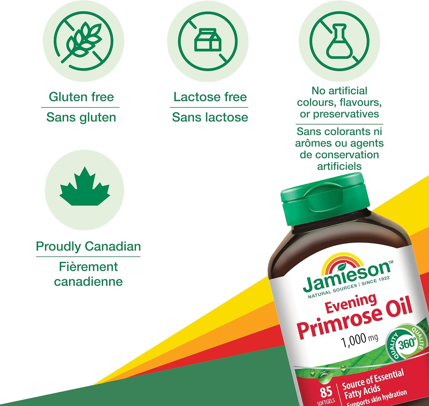 Jamieson 月见草油 1000 毫克，富含 Omega-6，促进肌肤保湿，令肌肤光滑细腻，减轻痤疮症状，并缓解湿疹症状。非转基因，无麸质，85 粒软胶囊，加拿大制造