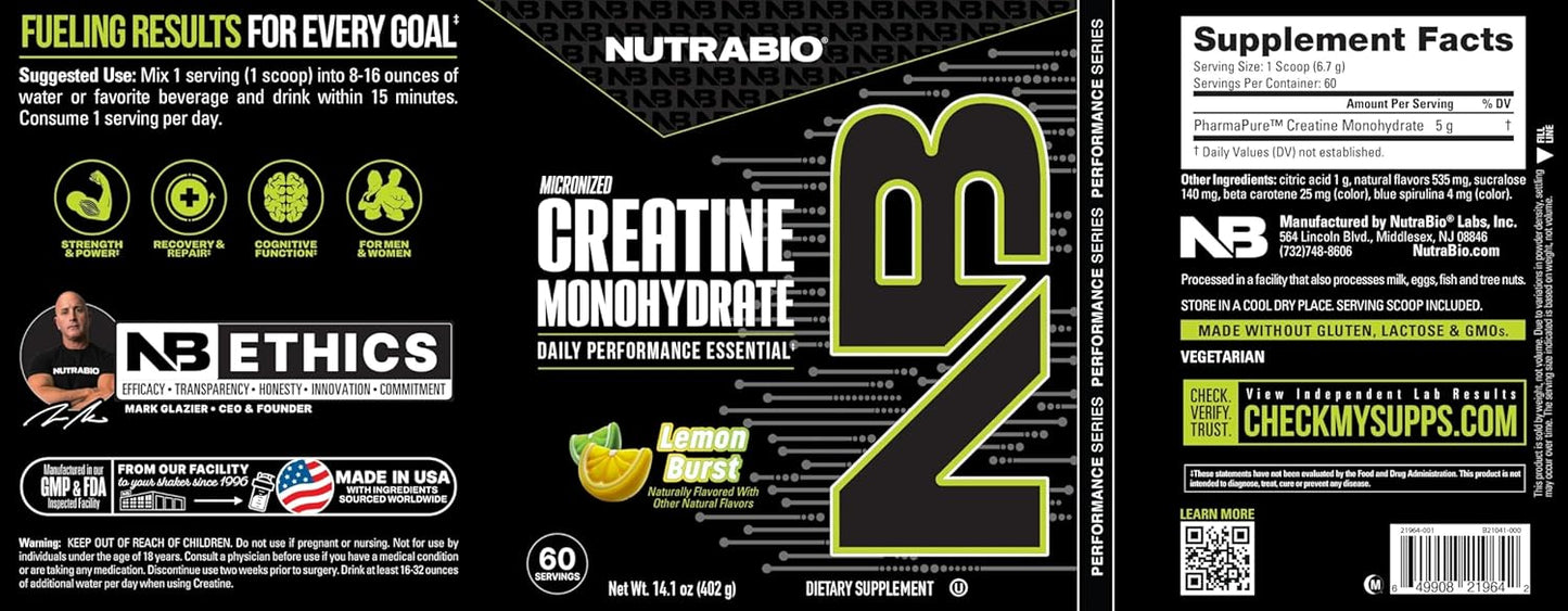 NutraBio Pure Micronized Creatine Monohydrate Powder Supplement, Lemon Burst, (402g)