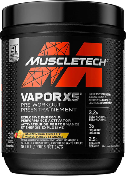 MuscleTech Vapor X5 男女鍛鍊前補充品 - 強效肌肉幫浦能量粉飲料混合物 - 運動營養增肌補充品 - 橘子芒果鳳梨口味，247 克（30 份）