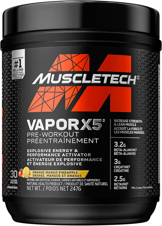 MuscleTech Vapor X5 男女鍛鍊前補充品 - 強效肌肉幫浦能量粉飲料混合物 - 運動營養增肌補充品 - 橘子芒果鳳梨口味，247 克（30 份）