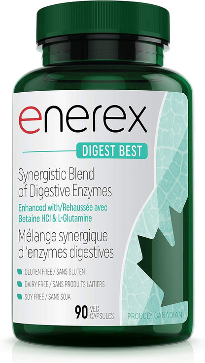 ENEREX - Digest Best 90粒素食膠囊，30天用量 - 協同消化酶混合物，添加甜菜鹼鹽酸鹽和L-谷氨酰胺 - 緩解消化不良、脹氣、腹脹和胃酸反流