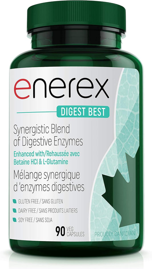 ENEREX - Digest Best 90 Veg Capsules 30-Day Supply - Synergistic Blend of Digestive Enzymes Enhanced with Betaine HCL and L-Glutamine - Reduce Indigestion, Gas, Bloating and Acid Reflux