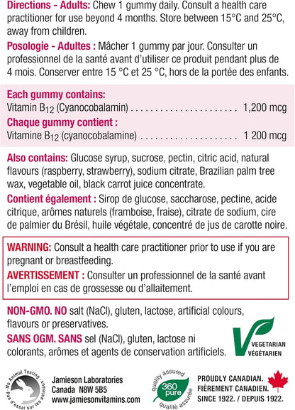 Jamieson 维生素 B12 1200 微克软糖，天然覆盆子口味，天然补充能量，促进新陈代谢。素食，非转基因，无麸质，不含人工香料、色素或防腐剂，70 粒装，加拿大制造