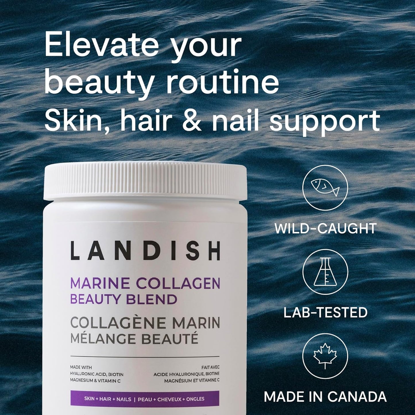 Landish 海洋膠原蛋白美容混合肽粉 - 野生海洋膠原蛋白、透明質酸、生物素、海水鎂和維生素 C - 皮膚、頭髮和指甲支持 - 可飲用的護膚品 - 快速溶解 - 加拿大製造 - 3…
