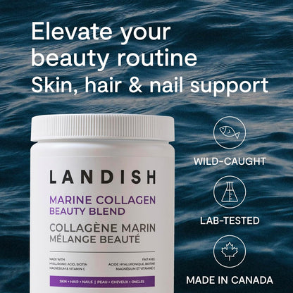 Landish 海洋膠原蛋白美容混合肽粉 - 野生海洋膠原蛋白、透明質酸、生物素、海水鎂和維生素 C - 皮膚、頭髮和指甲支持 - 可飲用的護膚品 - 快速溶解 - 加拿大製造 - 3…