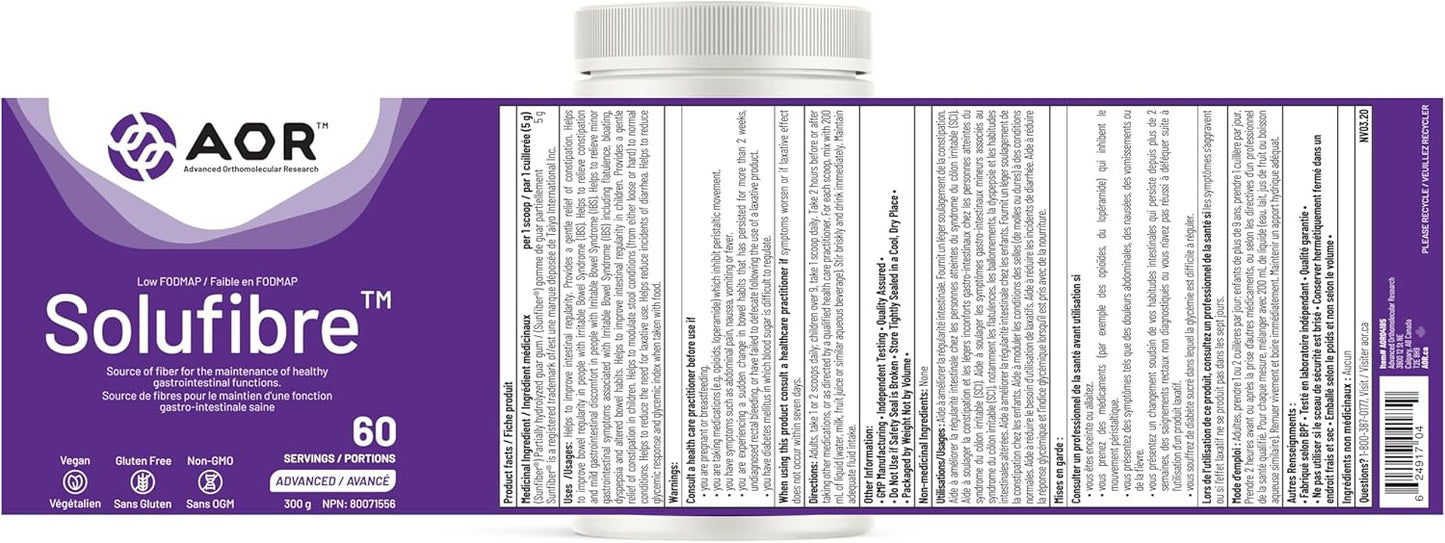 AOR - SoluFibre 粉，300 克，60 份 - 部分水解瓜尔胶 Sunfiber，促进消化舒适和规律 - 纯素、非转基因和无麸质 - 温和的益生元纤维补充剂 - 可溶性纤维