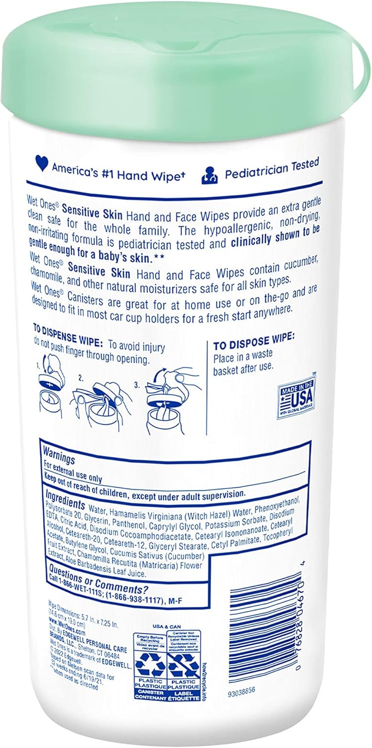 Wet Ones Hand and Face Wipes, Sensitive Skin Wipes | Unscented Wipes, Hand and Face Wipes Sensitive Skin, Wet Ones Sensitive Skin Wipes, 40 ct. Canister (6 pack)