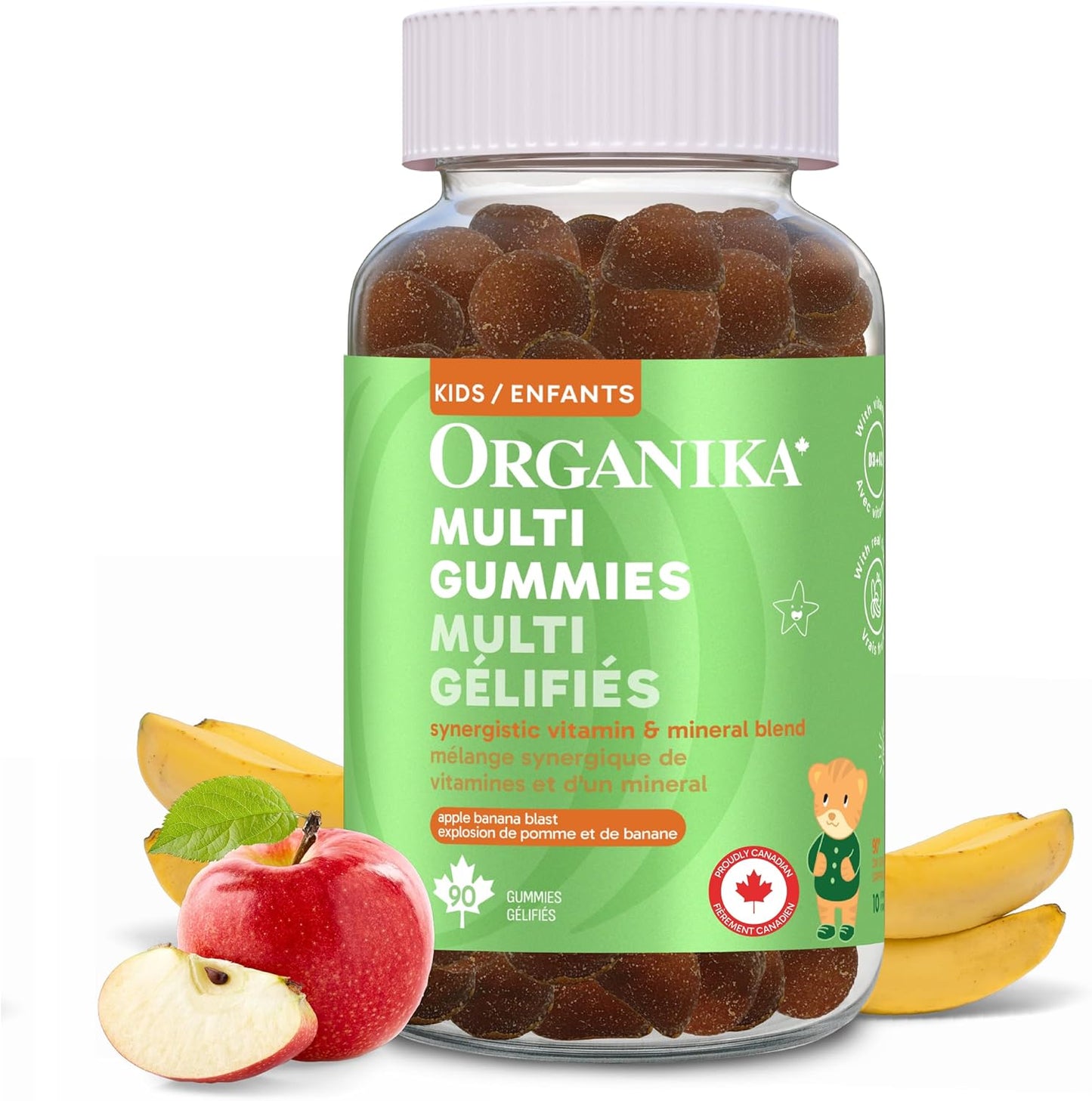 Organika 儿童复合维生素软糖苹果香蕉味 - 协同维生素和矿物质混合物，支持适当的营养、免疫力、骨骼健康和整体发育 - 90 粒软糖