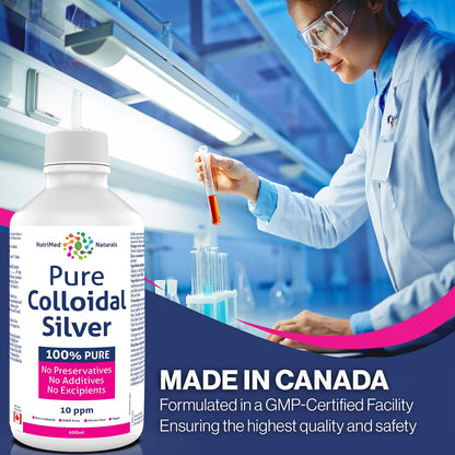 Nutrimed Naturals - 純膠體銀 10ppm，600ml 液體，120 份 - 有助於支持您的免疫系統和整體活力 - 純素和非基因改造 - 第三方測試 - 加拿大配製和製造
