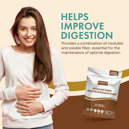 Rootalive 有机洋车前子壳粉 454 克（1 磅），植物性纤维，有助于消化，无味超级食品，含可溶性纤维和不溶性纤维，纯素，无麸质