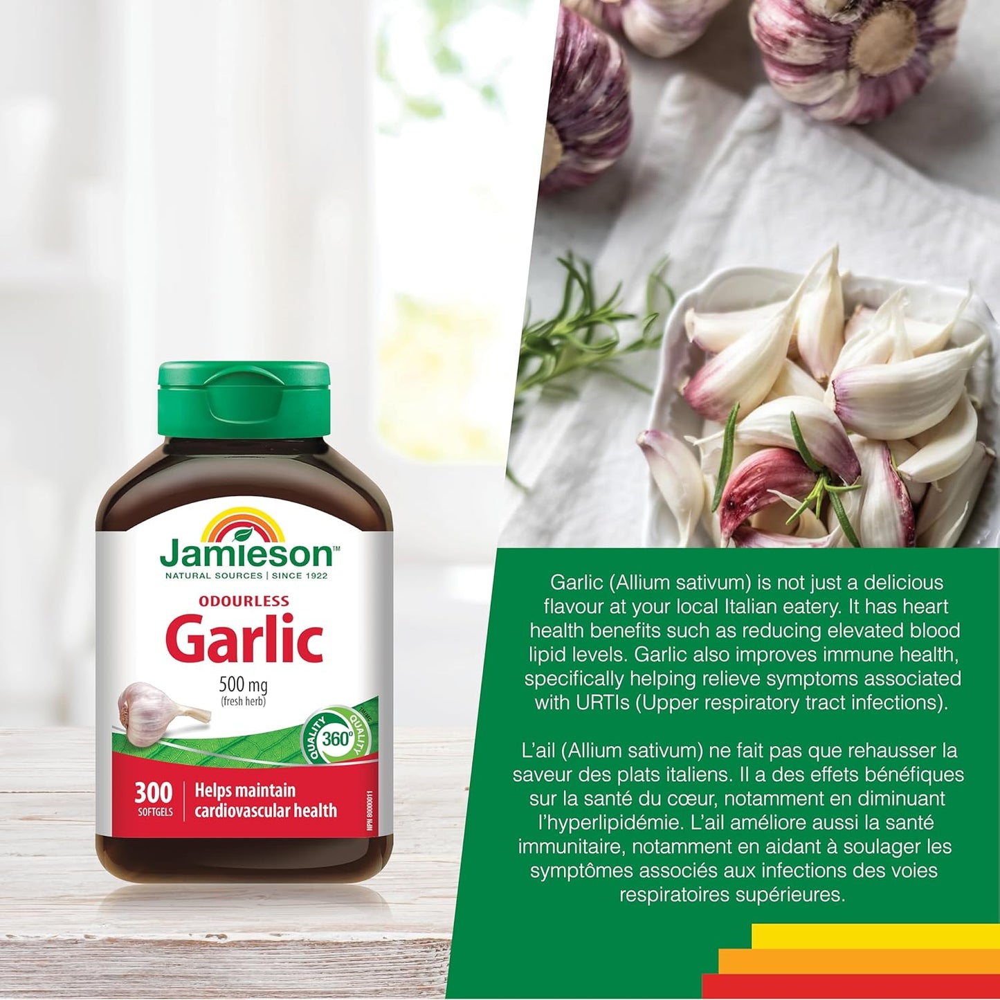 Jamieson Odourless Garlic 500 mg, Supports Heart Health, and Provides Immune Support. Non-GMO, Gluten-Free, 300 Softgels, Proudly Canadian