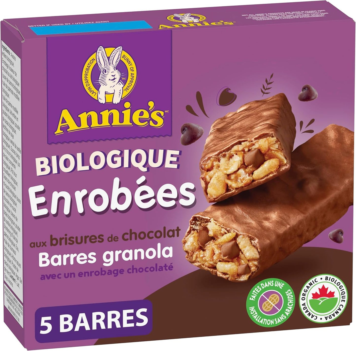 ANNIE'S 巧克力碎燕麦棒，有机，无人工香料，全谷物，5 包燕麦棒