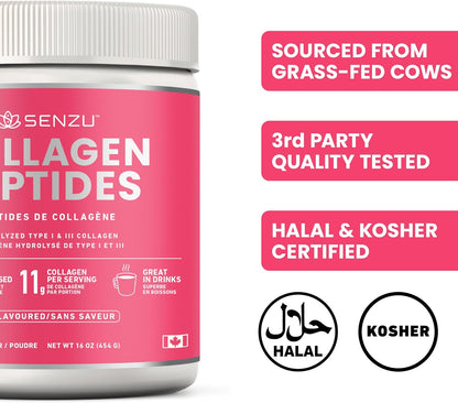 優質即溶膠原蛋白肽蛋白粉，有益於頭髮、皮膚、指甲和關節健康 - 水解，吸收更佳 | 加拿大製造，草飼、生酮、猶太潔食和清真認證 - 非基因改造、無麩質（454克/…
