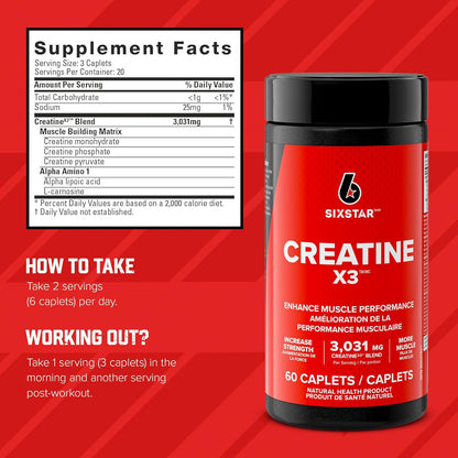 Six Star X3 Creatine Monohydrate Capsules - Pre & Post Workout Creatine Blend with Amino Acids for Men & Women - Muscle Builder, Muscle Recovery & Energy Boosting Supplement - 60 Count