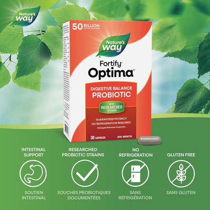 Nature's Way Fortify Optima Digestive Balance Probiotic, 50 Billion Active Probiotic Cultures, Supports Gastrointestinal Health, Shelf Stable, 30 Capsules