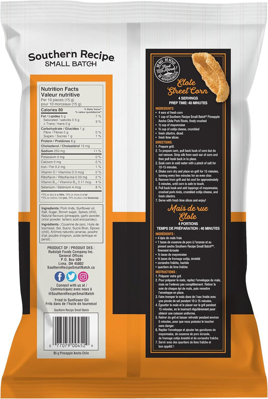 南方食譜小批量豬皮 | 菠蘿安喬辣椒炸豬皮 | 生酮友好、無麩質、低碳水化合物食品 | 每份含 7 克膠原蛋白 | 高蛋白 | 85 克/袋，菠蘿安喬辣椒