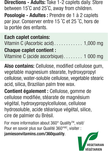 Jamieson 維生素 C 1000 毫克膠囊，抗氧化保護，支持免疫健康，強健牙齒和骨骼。素食，無麩質，100 粒膠囊，加拿大製造