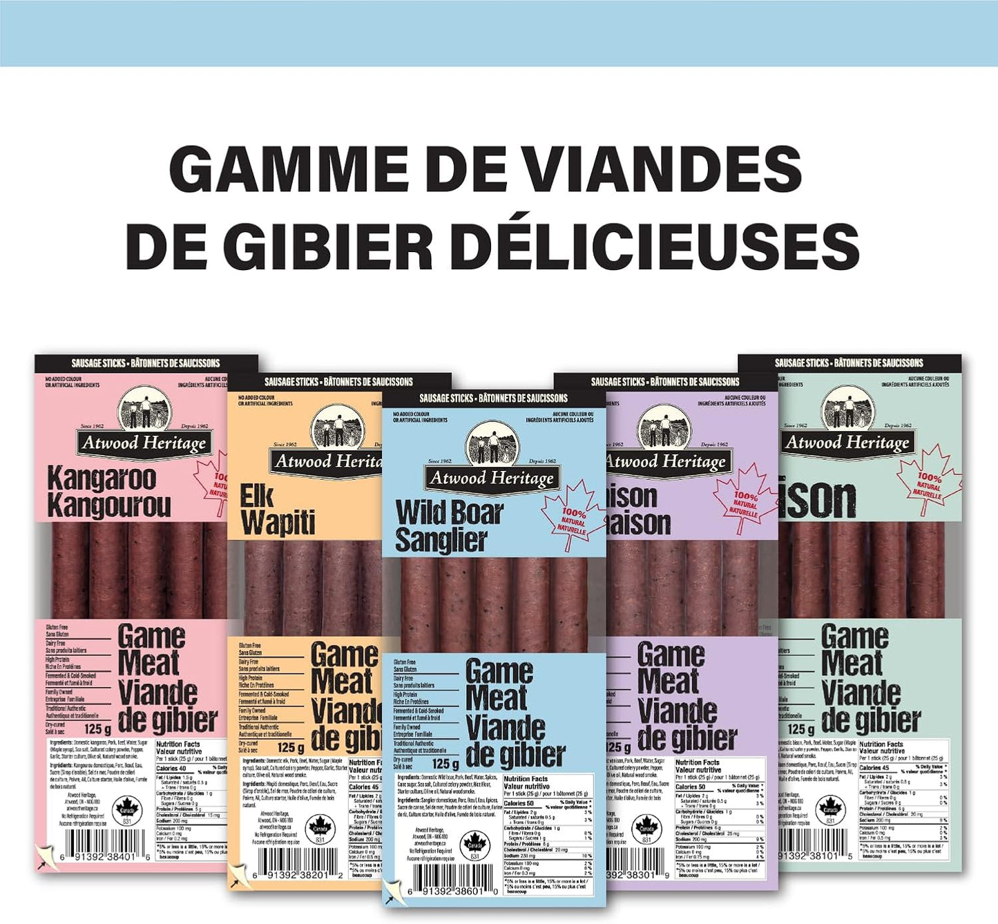 Atwood Heritage 野豬、豬肉和牛肉零食棒，5 根，125 克，高蛋白，無麩質，無硝酸鹽，加拿大製造