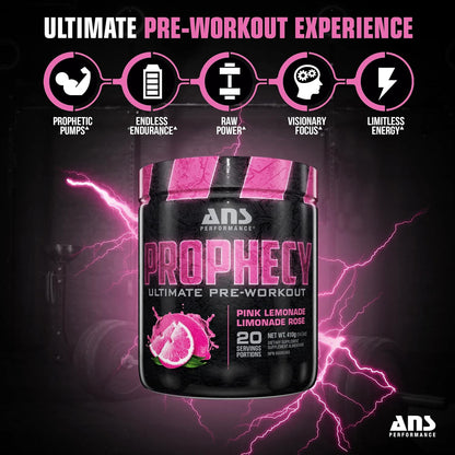 ANS Performance Prophecy 锻炼前粉（20 份，14.5 盎司）- 无麸质锻炼前配方 - 能量与力量 - 无糖 - 增加力量和锻炼量（粉红柠檬水）