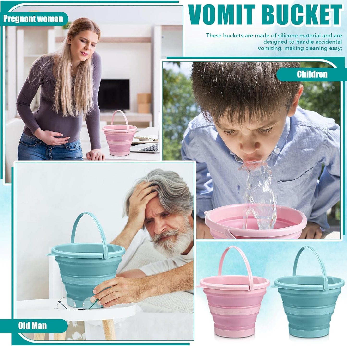 Anglechic 2 件可重复使用呕吐桶，含 20 片吸水垫，3 升呕吐桶，可折叠呕吐桶，用于缓解孕吐、孕吐、汽车、飞机旅行晕车等症状