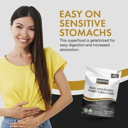 Rootalive Organic Black Maca Powder 454g Gelatinized for High Bio Availability, Easy Digestion and Fast-Absorption, Gluten-Free, Vegan