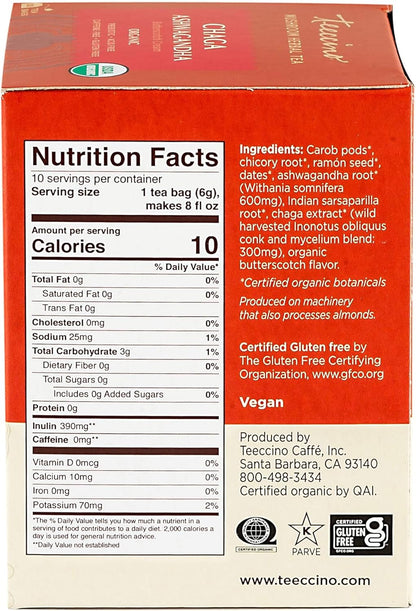 Teeccino 蘑菇适应原茶 - 白桦茸南非醉茄法式烘焙草本茶，采用野生白桦茸和阿育吠陀南非醉茄根，增强免疫力，10 个茶包