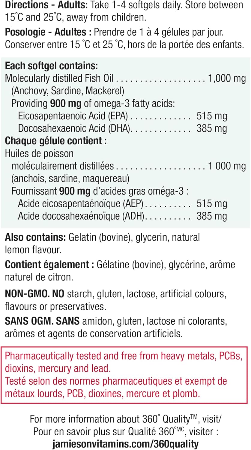 Jamieson 強效 Omega-3 900 毫克，無魚腥味，支持心臟、大腦和眼睛健康，緩解關節炎。高效力，富含 EPA 和 DHA，非基因，無麩質，75 粒軟膠囊，加拿大製造
