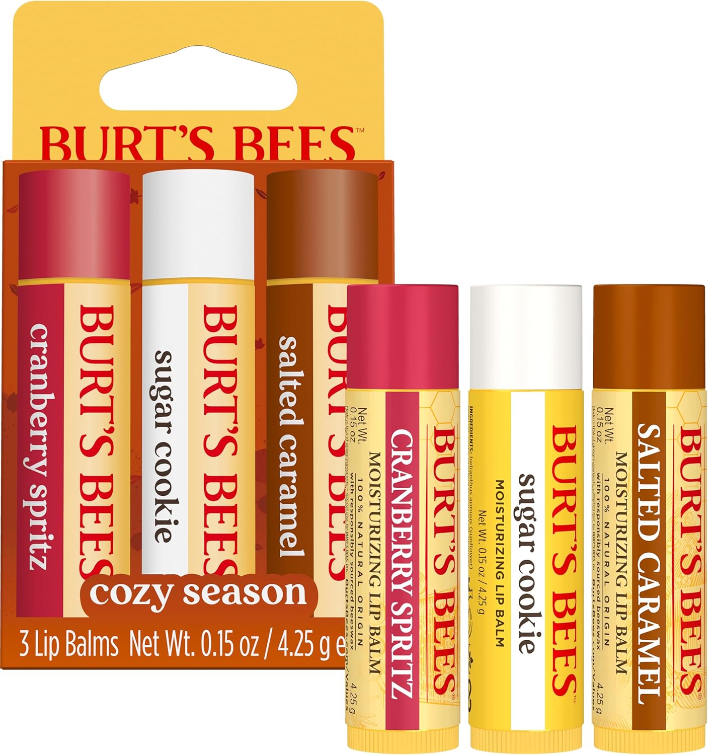 Burt's Bees 100% 天然保湿润唇膏，适用于干燥皲裂的嘴唇，令双唇柔软水润 - 3 支装 - （舒适季节）糖饼干、蔓越莓喷雾、咸焦糖