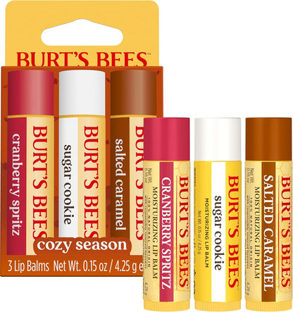Burt's Bees 100% 天然保湿润唇膏，适用于干燥皲裂的嘴唇，令双唇柔软水润 - 3 支装 - （舒适季节）糖饼干、蔓越莓喷雾、咸焦糖