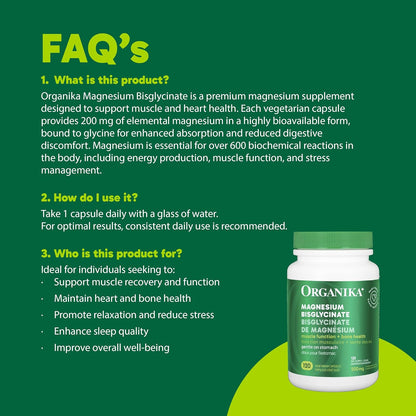 Organika 加拿大製造雙甘氨酸鎂 - 200 毫克，高吸收率，肌肉恢復，心臟支持，120 粒膠囊