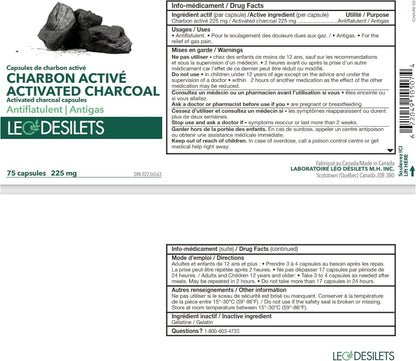 Leo Desilets 活性碳 | 每粒膠囊含 225 毫克活性碳 | 有助於緩解腹脹和脹氣疼痛 | 不含基因改造成分和殺蟲劑 | 75 粒膠囊