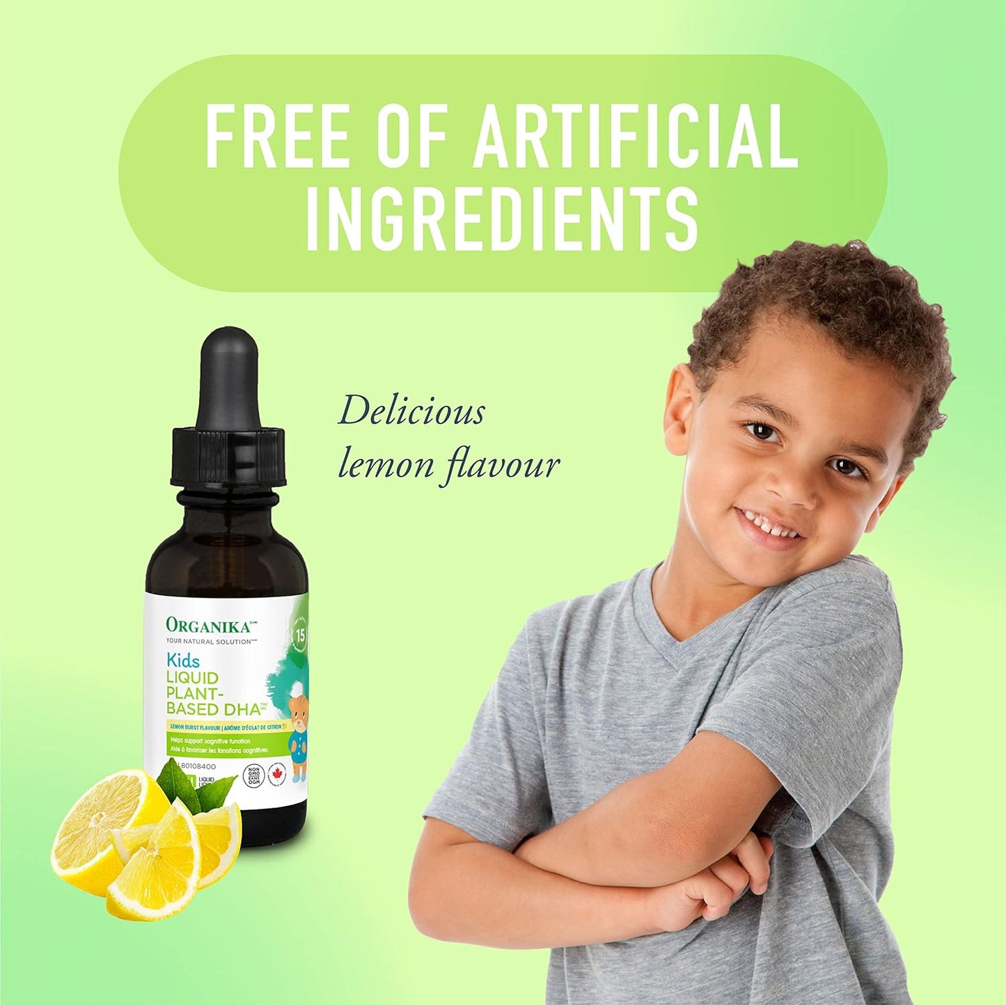 Organika 加拿大製造兒童液體植物基 DHA - 1,301 毫克 Omega 3 + DHA 和 EPA | 支持大腦、視力和認知發育，增強免疫防禦，適合 4-9 歲兒童，檸檬味 30 毫升