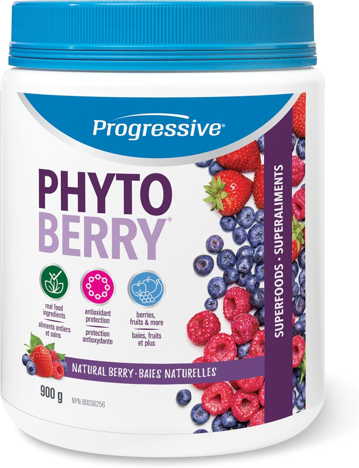 Progressive PhytoBerry 抗氧化超级食品粉，天然浆果口味，加拿大制造，含 40 种浓缩水果、植物营养素和植物油，可完全抵御自由基，纯素、无麸质、全天然，900 克