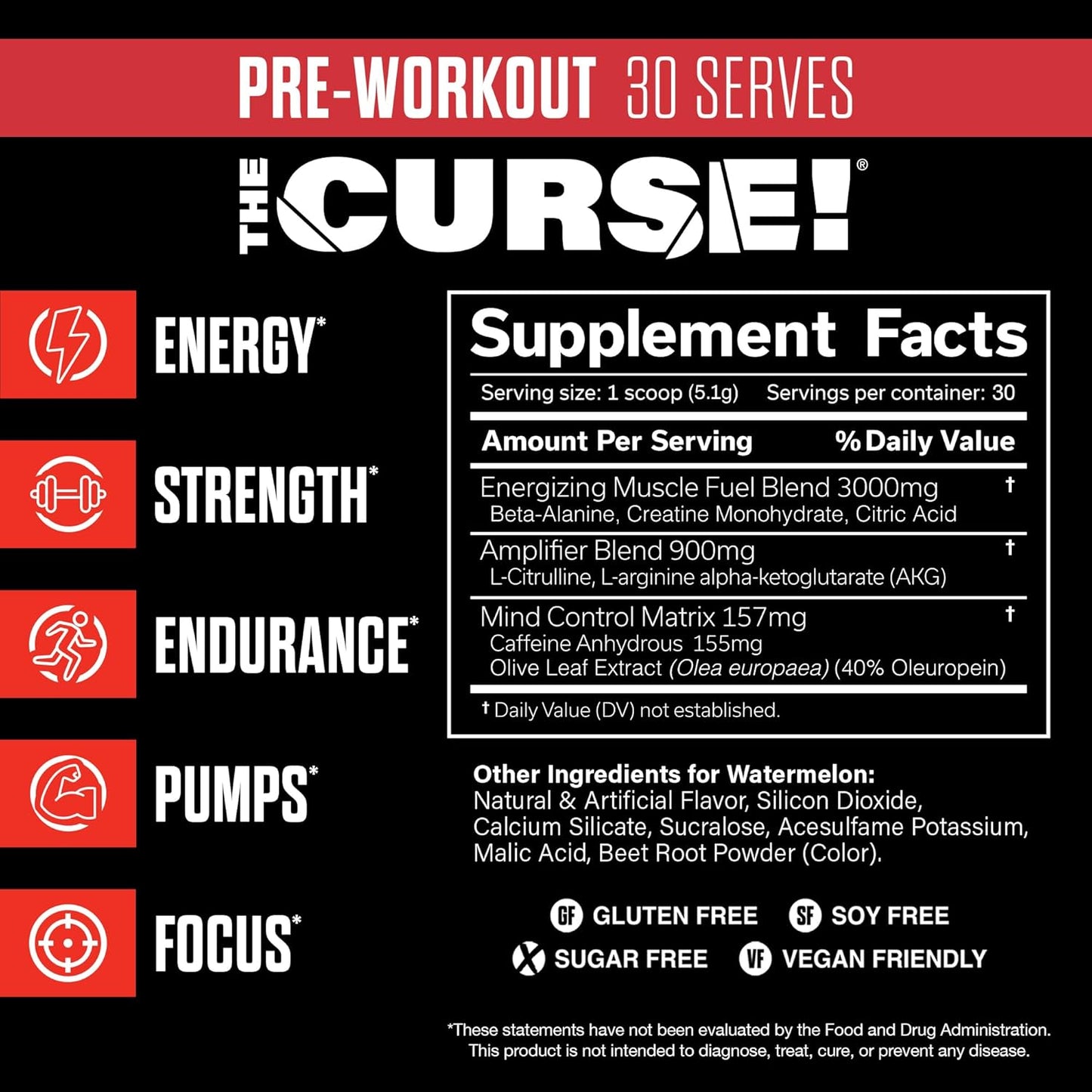 JNX SPORTS The Curse! Pre Workout Powder for Men & Women, Caffeine, Beta-Alanine, Creatine, L-Citrulline, 30 Servings, Watermelon Flavor – Boost Energy, Strength & Focus