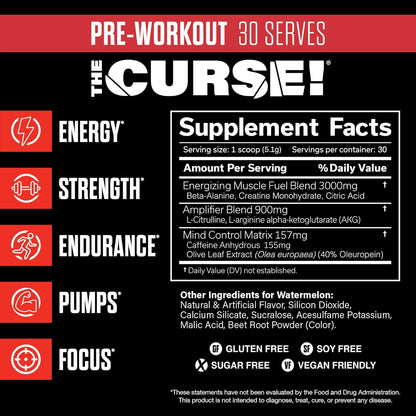 JNX SPORTS The Curse! Pre Workout Powder for Men & Women, Caffeine, Beta-Alanine, Creatine, L-Citrulline, 30 Servings, Watermelon Flavor – Boost Energy, Strength & Focus