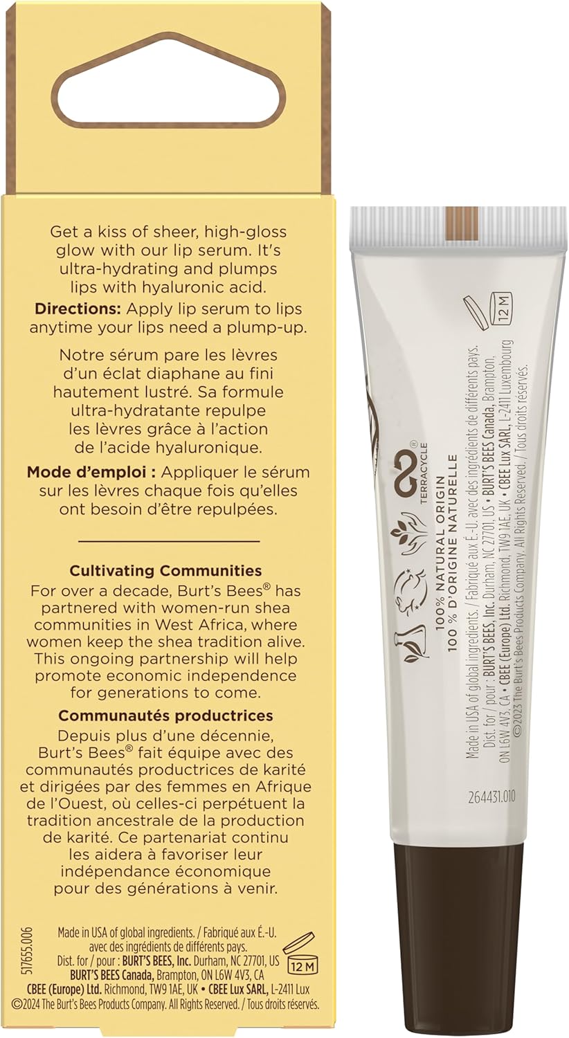 Burt's Bees 丰唇精华，蕴含 100% 天然乳木果油 + 透明质酸 | 丰唇膏，令双唇柔软亮泽 | 1 支装 - 透明