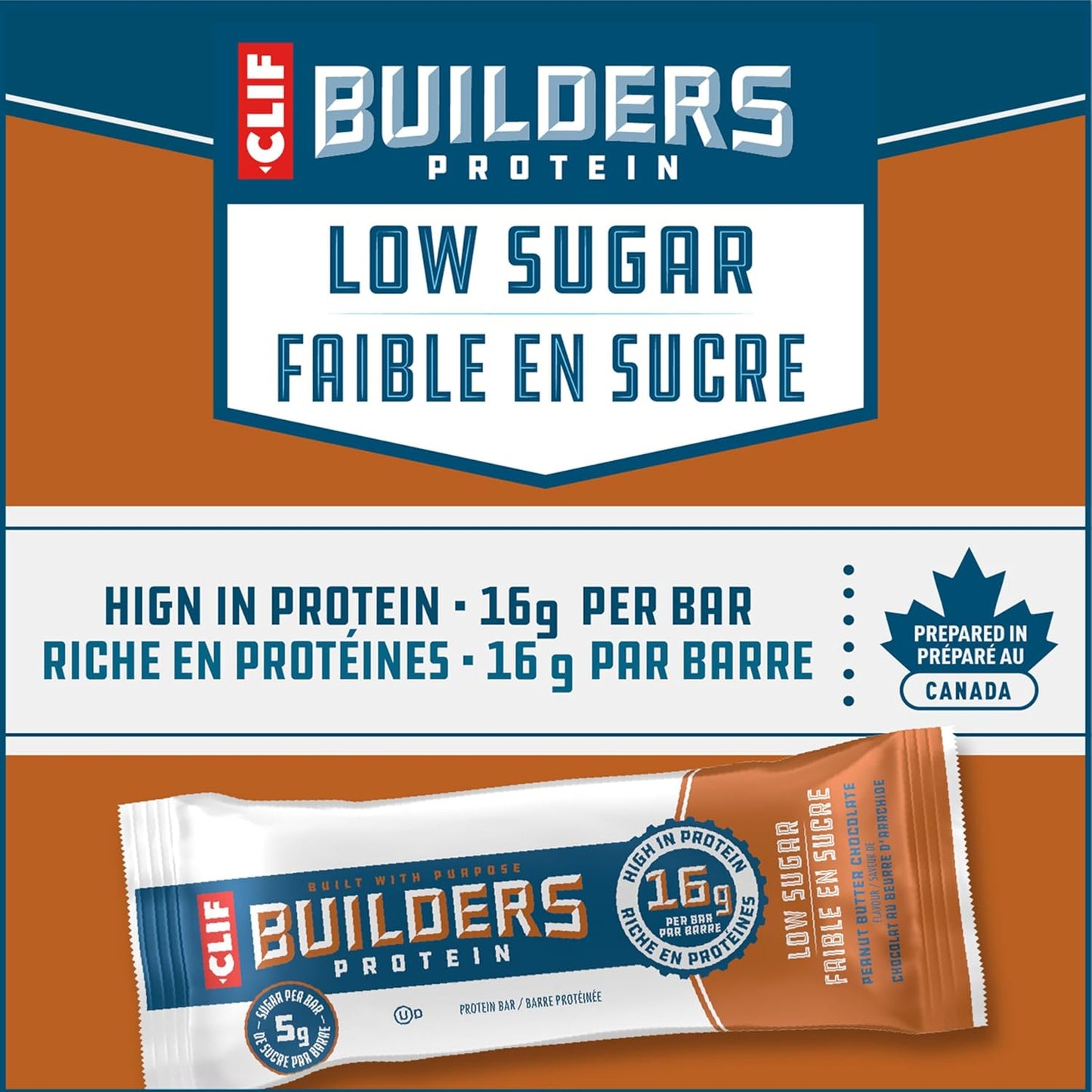 CLIF BUILDERS 低糖蛋白棒，12 包，每包 56 克，16 克蛋白质，5 克糖，不含人工甜味剂，花生酱巧克力味，高蛋白零食，加拿大制造