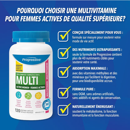 Progressive Advanced 每日复合维生素，专为活力女性设计，含DIM、圣洁莓、玛卡和南非醉茄。支持免疫健康、平衡雌激素和能量，100% 完整配方，加拿大制造，120 粒装