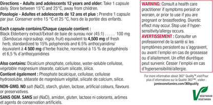 Jamieson 黑接骨木果 4,500 毫克素食胶囊，缓解感冒和流感症状，并缓解发烧、咳嗽和咽喉痛等症状。非转基因，无麸质，45 粒，加拿大制造